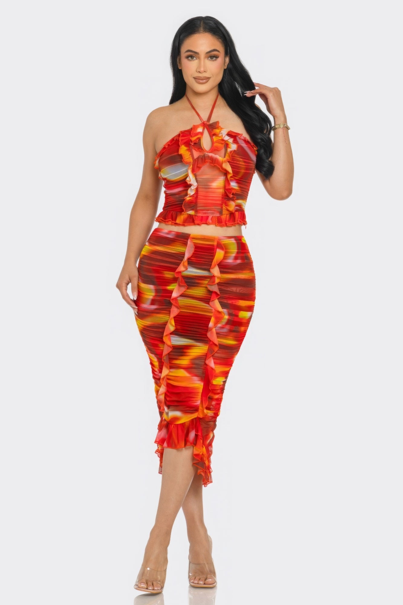 Tropical Waters Print Mesh Ruffle Halter Skirt Set