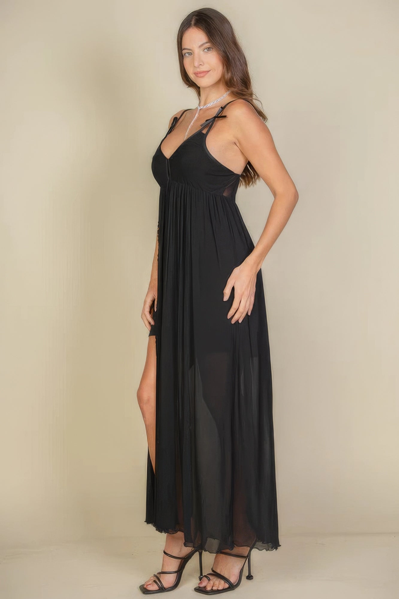 Plunge Neck Split Thigh Mesh Maxi Dress