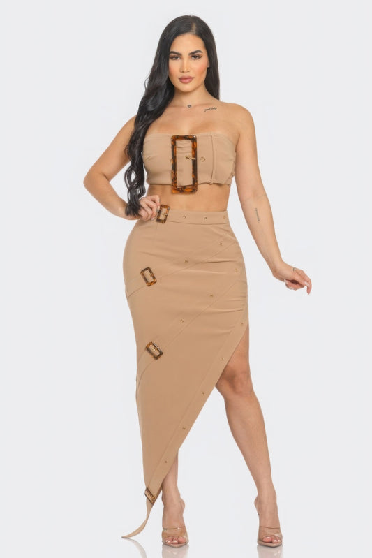 Front Eyelet Buckle Belt Top And Skirt Set